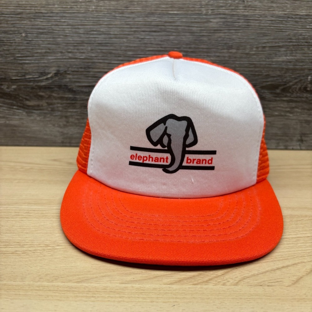 Vintage Elephant Brand Hat Cap Snap Back Orange White Trucker Mesh Logo 90s 80s